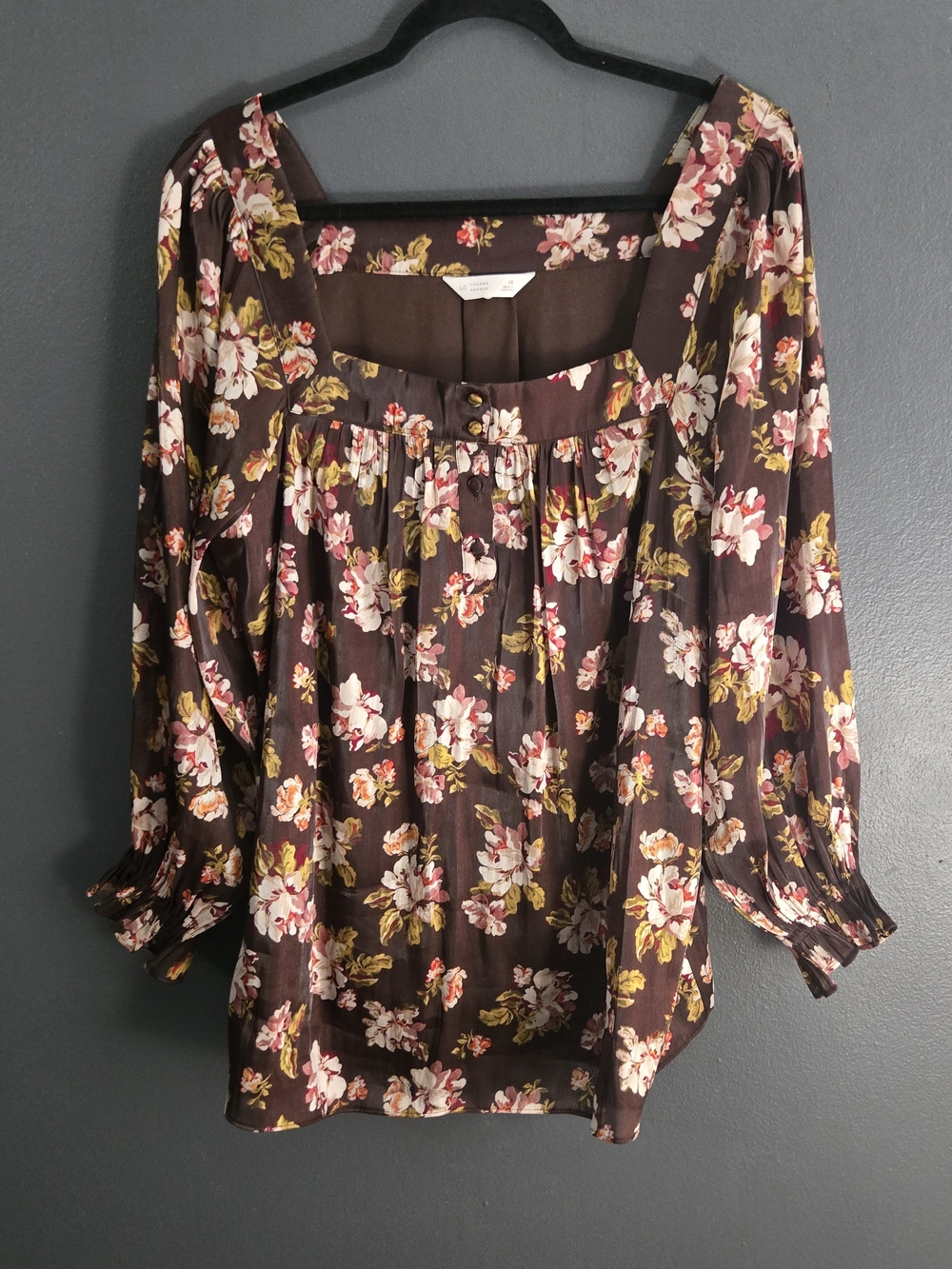 LC Lauren Conrad Brown Floral Henley Puff Sleeve Peasant Top 1X